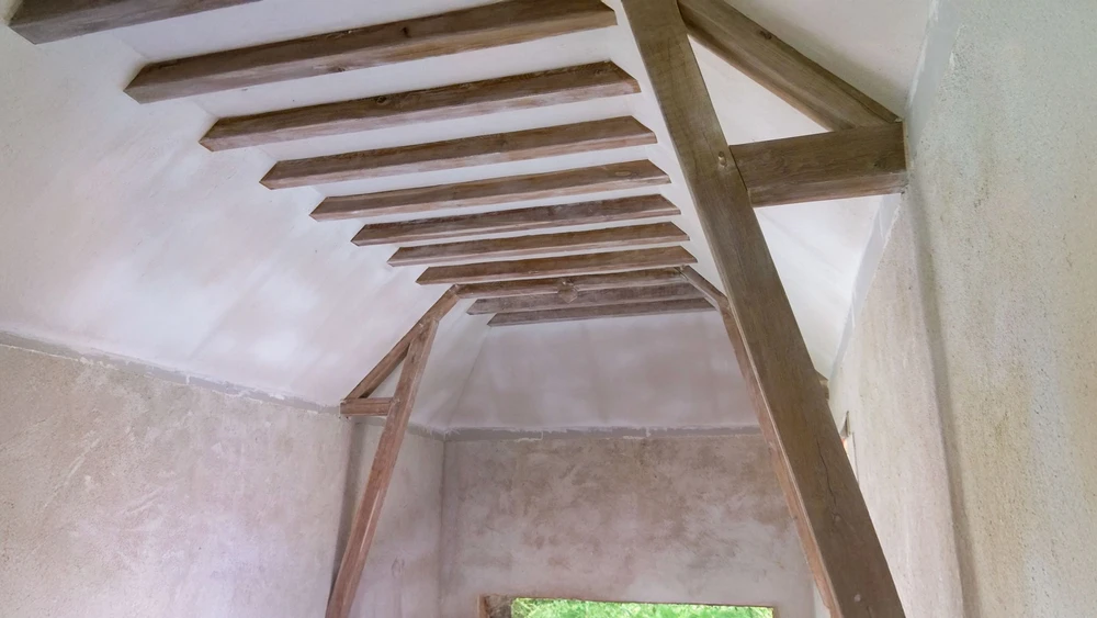 Intérieur d'une pièce en cours de rénovation avec moulures décoratives au plafond et boiseries murales de style classique